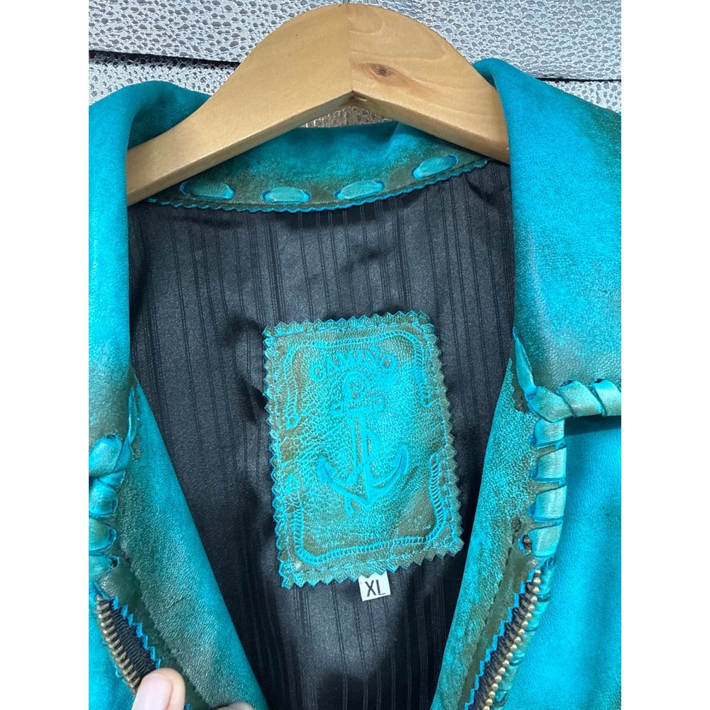 Gamino Turquoise Leather Fringe Western Jacket Studded Boho Whipstitch XL - Picture 6 of 12